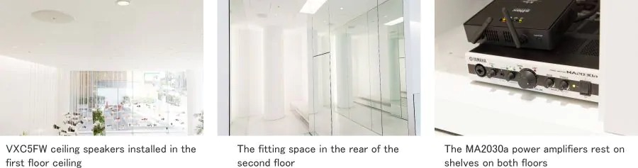 How are the Yamaha VXC5FW speakers, MA2030a power amplifiers, and DCP1V4S-US control panels set up in the store?