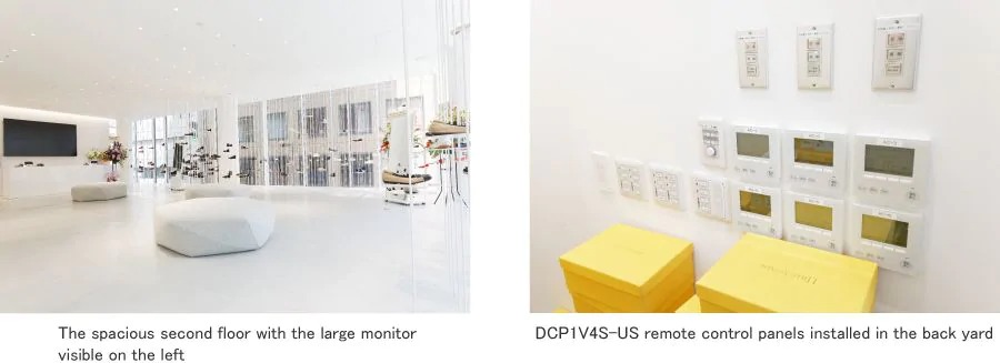 There is a large monitor screen on the second floor showing promotional videos. Are audio for second floor video playback and first floor background music both handled by the same system?